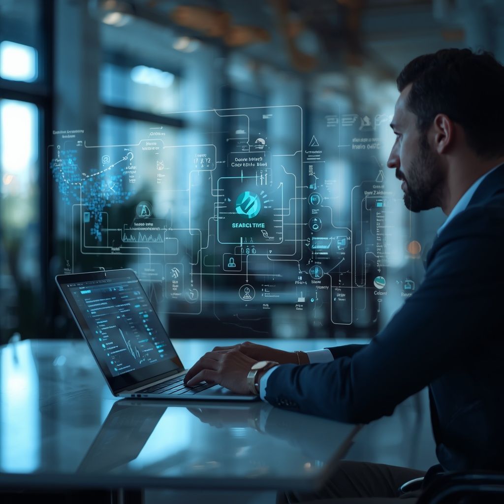 Business professional using AI technology to analyze and optimize agency workflows