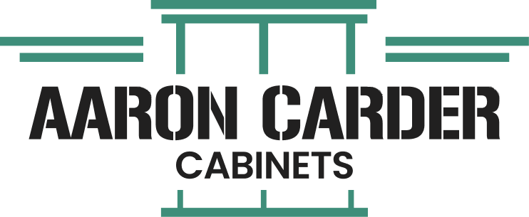 The logo for aaron carder cabinets is green and black.