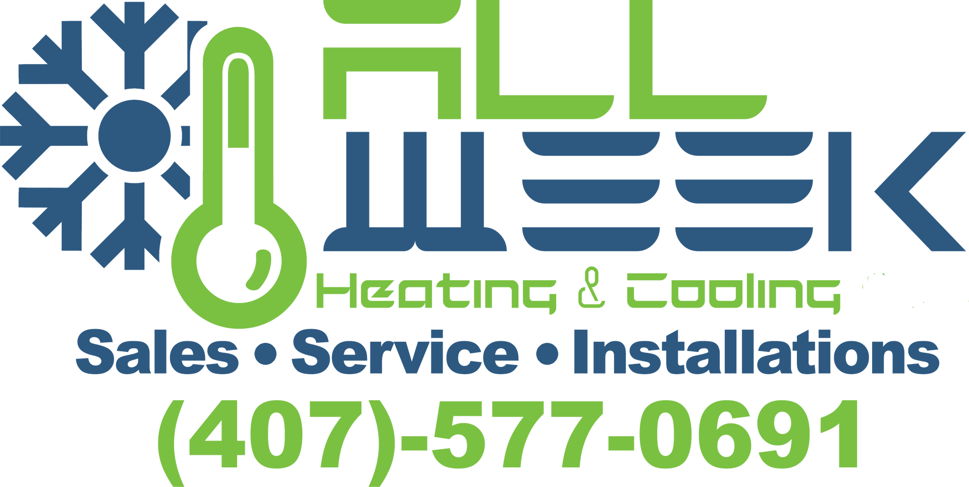 Logo for All Week Heating & Cooling with a thermometer icon, snowflake, and phone number (407)-577-0691 in blue and green.