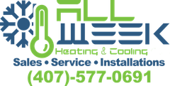 Logo for All Week Heating & Cooling with a thermometer icon, snowflake, and phone number (407)-577-0691 in blue and green.