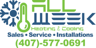 Logo for All Week Heating & Cooling with a thermometer icon, snowflake, and phone number (407)-577-0691 in blue and green.
