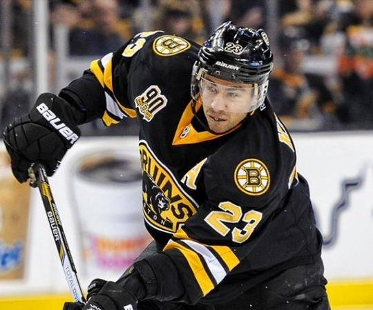 Boston Bruin player wearing his mouth guard custom designed by Dr. Bryan Hoertdoerfer