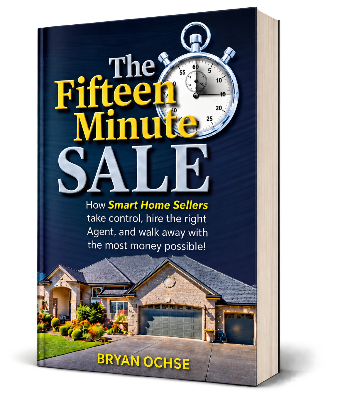 Book cover of “The Fifteen Minute SALE” with a house, stopwatch, and blue background