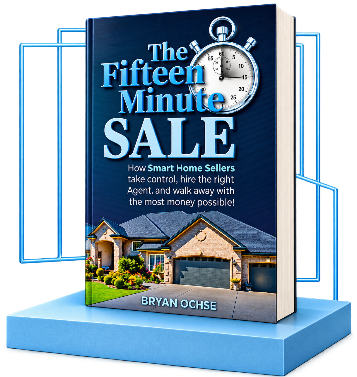 Book cover for “The Fifteen Minute Sale” with a stopwatch and house illustration on a blue stand