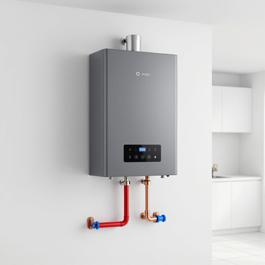 Gray wall-mounted water heater with red and copper pipes in a bright modern kitchen