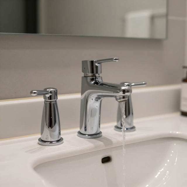 Chrome bathroom faucet running into a white sink with a matching soap dispenser on the left