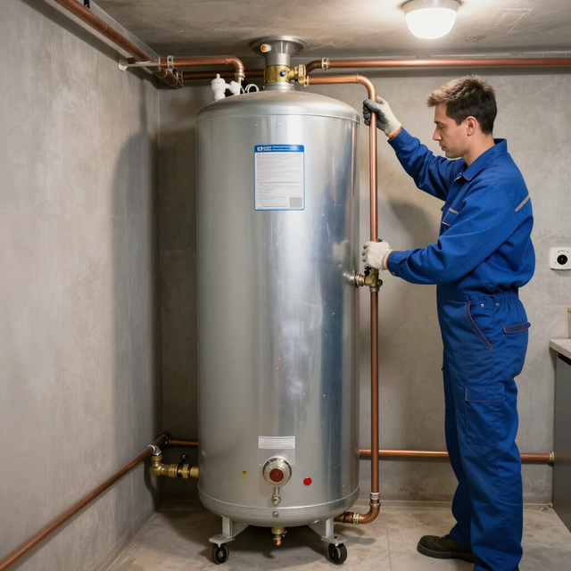 Technician inspecting a tall silver water heater with copper pipes in a utility room