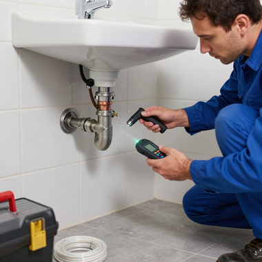 Plumber in blue overalls inspecting a sink drain with a handheld device in a tiled bathroom or utility area
