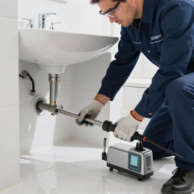 Plumber using a drain cleaning machine under a white bathroom sink