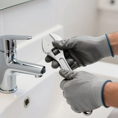 Gray-gloved hands adjusting a chrome wrench beside a white bathroom sink faucet