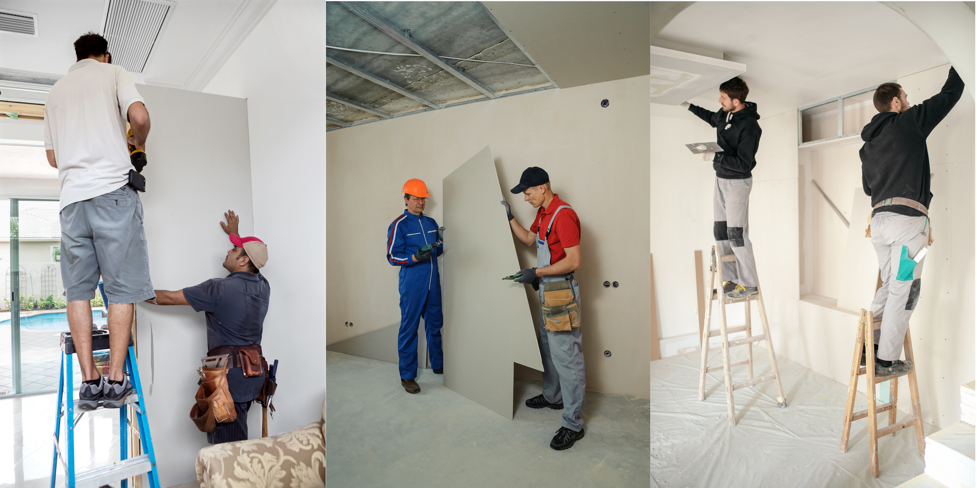 People installing drywall in a room, using ladders and tools.