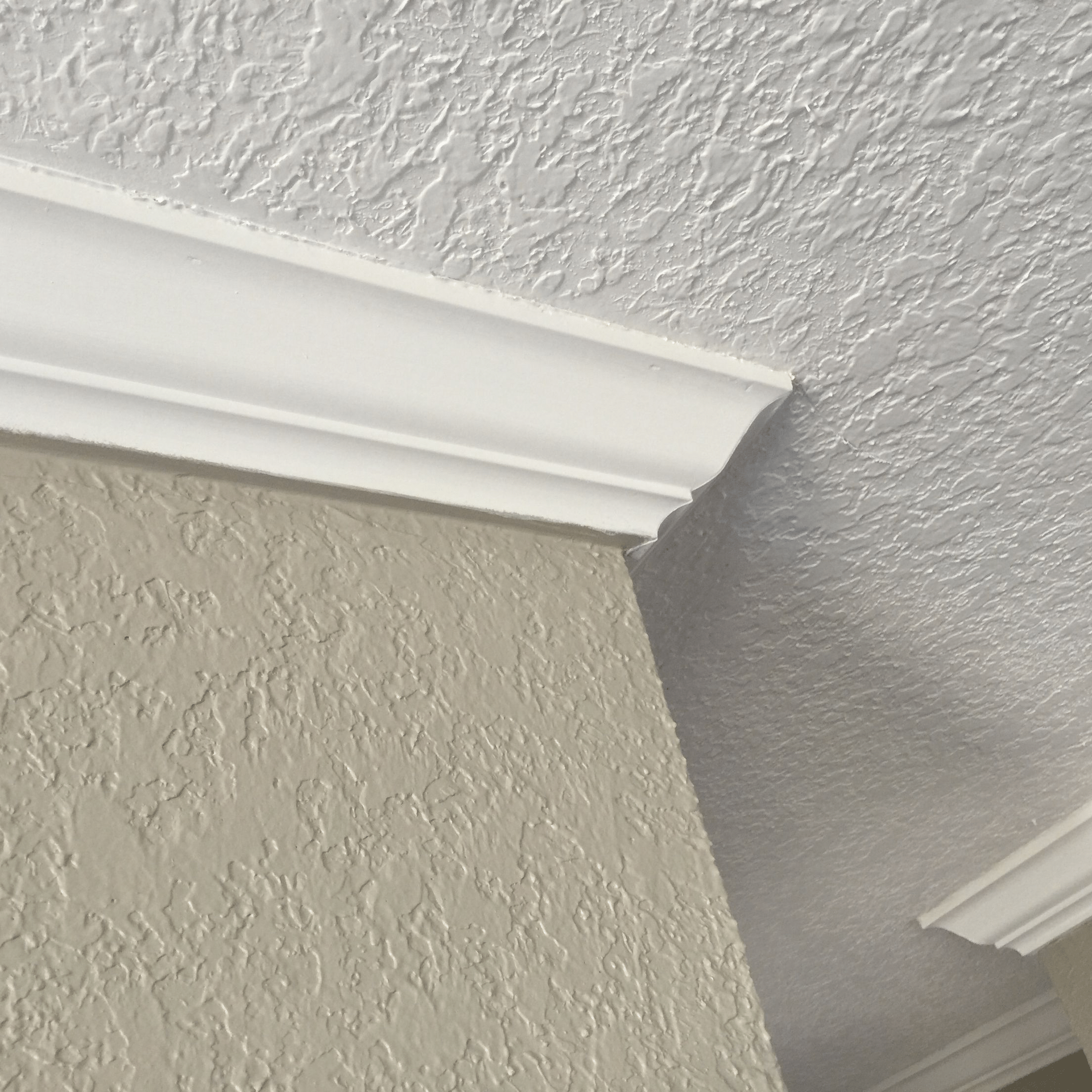 White crown molding where the textured beige wall meets the textured white ceiling.