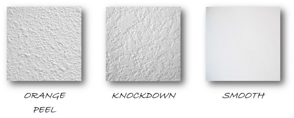 Comparison of three wall textures: orange peel, knockdown, and smooth.