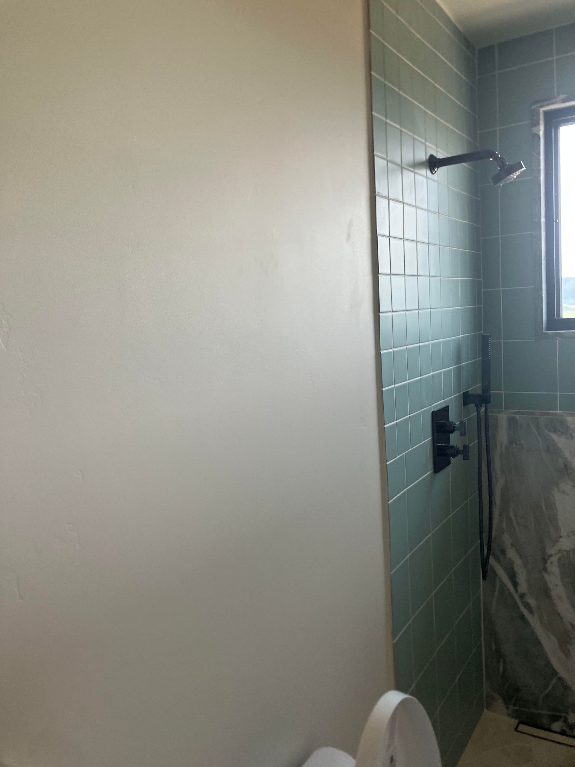 Bathroom with green tile shower wall, black fixtures, and white wall.