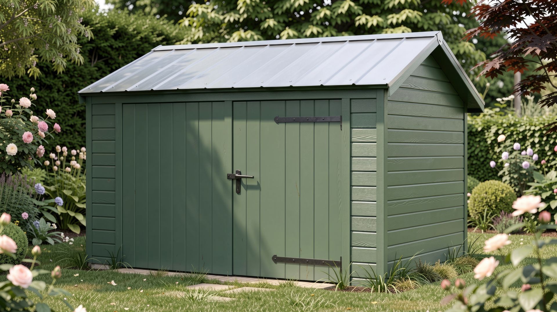 Green garden shed with a metal roof, surrounded by flowers and greenery.