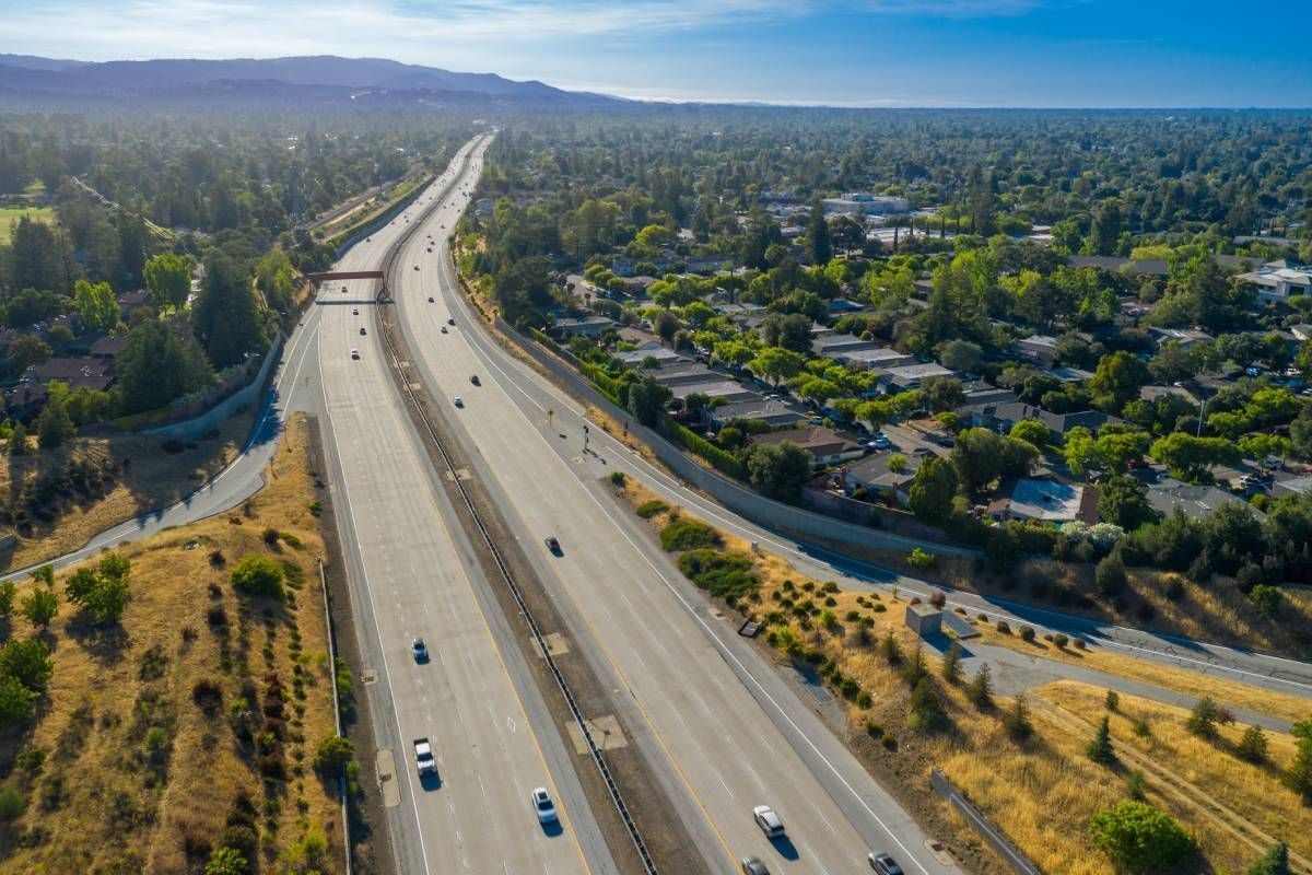 Aerial View of Los Gatos, California, Over Highway 85 and residential area