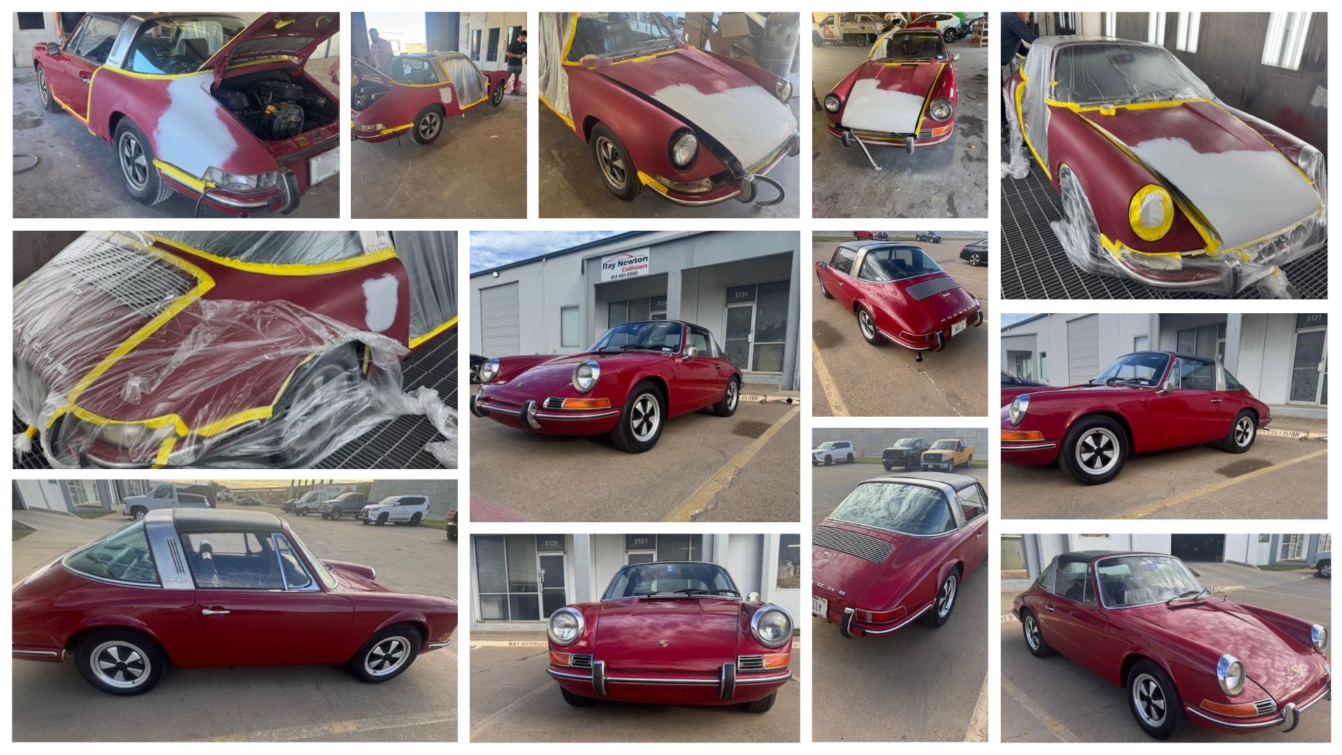 Collection of red Porsche cars in various stages of restoration.