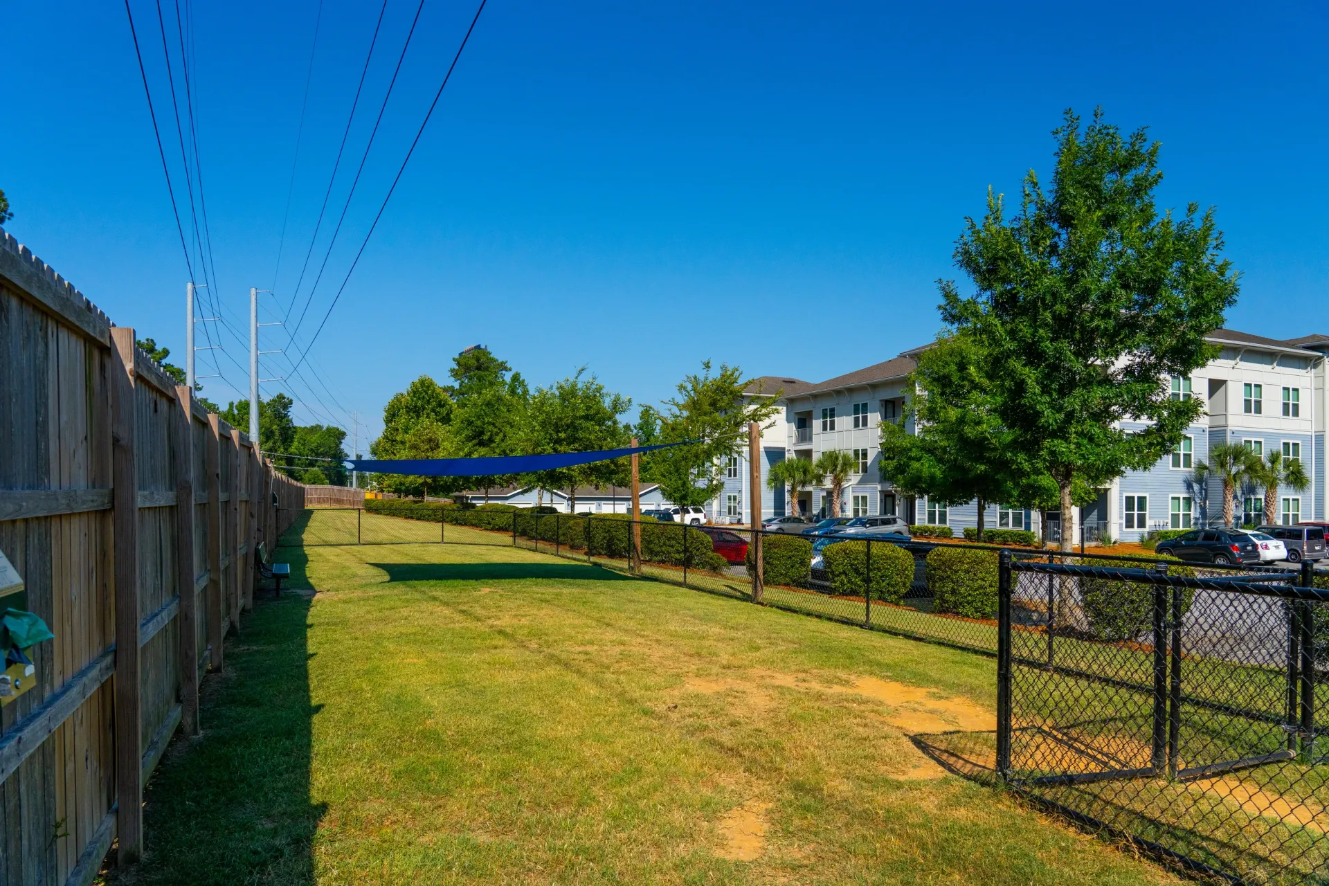 Fenced dog park area with grass and a blue shade sail, adjacent to apartment buildings at Atlantic on the Boulevard in North Charleston, SC.
