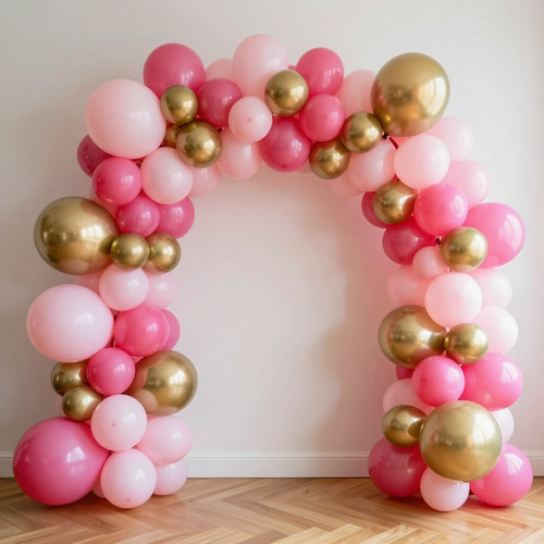 Pink and gold balloon arch against a white wall on a wooden floor