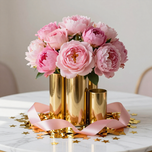 Pink peonies in gold vases with pink ribbon and gold confetti on a white table