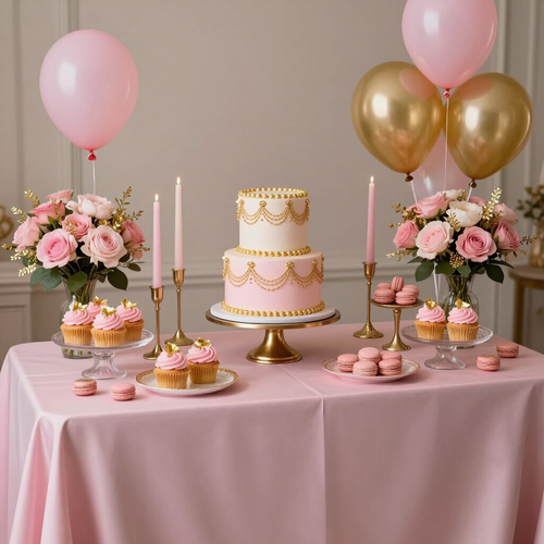 Pink dessert table with tiered cake, pastries, flowers, and balloons in a soft party setup