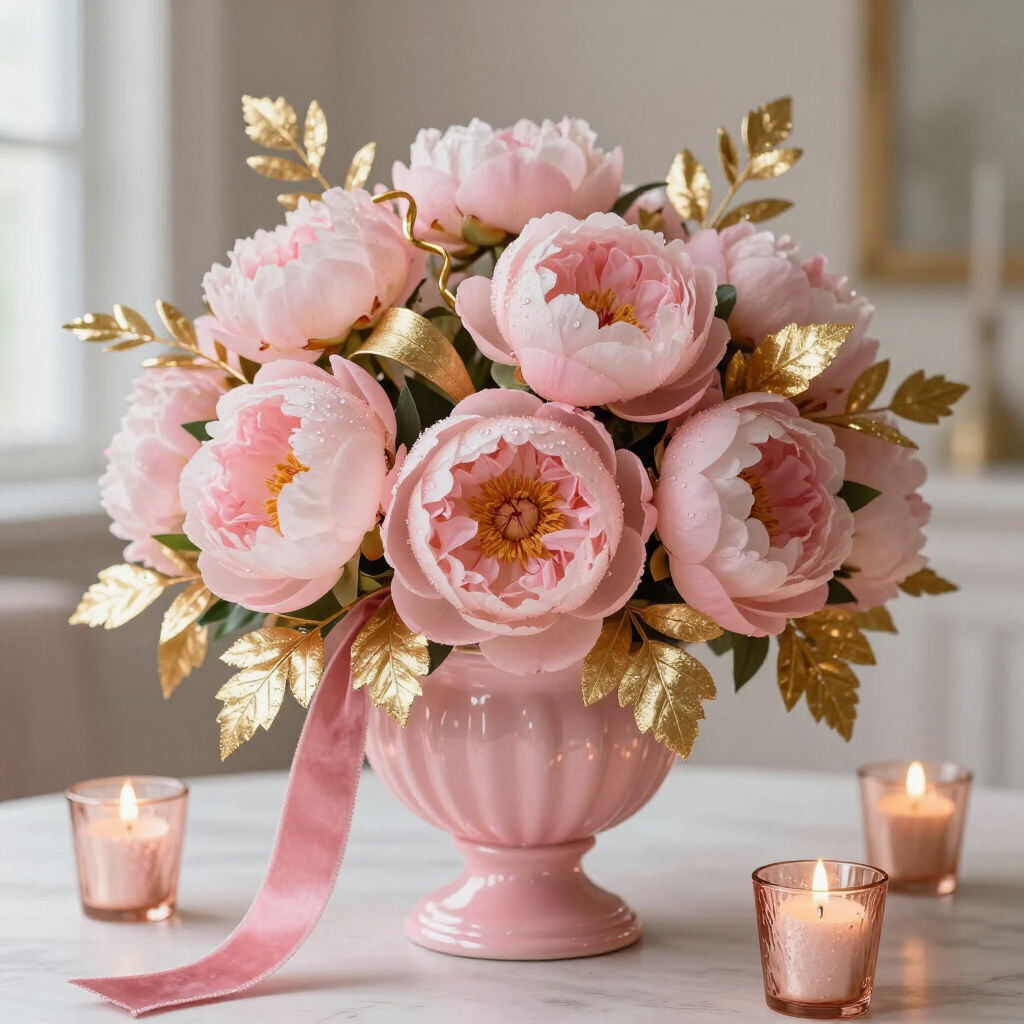 Pink peony bouquet in a pastel vase with gold leaves and candles on a table