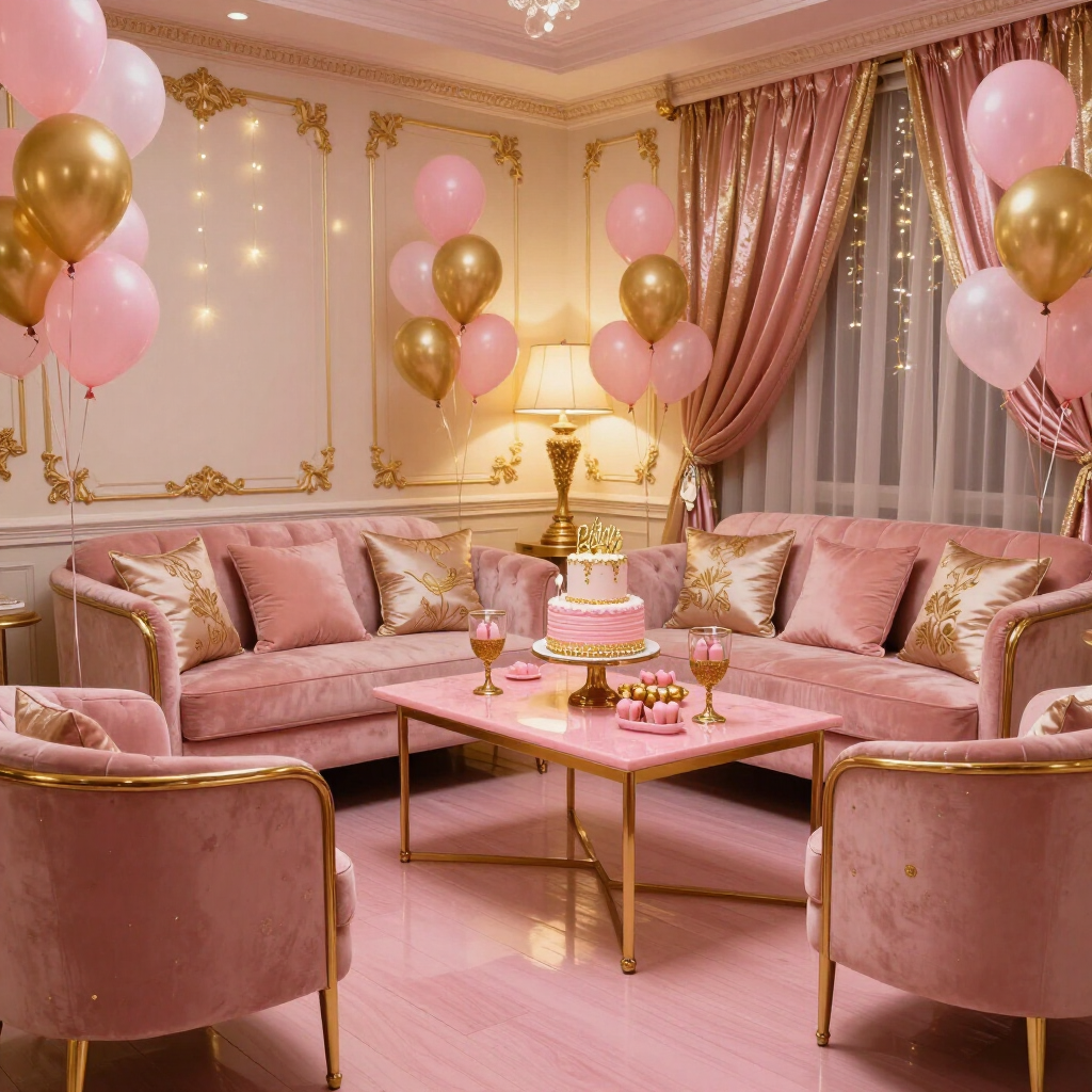 Pink and gold elegant living room with balloons, sofa set, coffee table, and decorated cake table