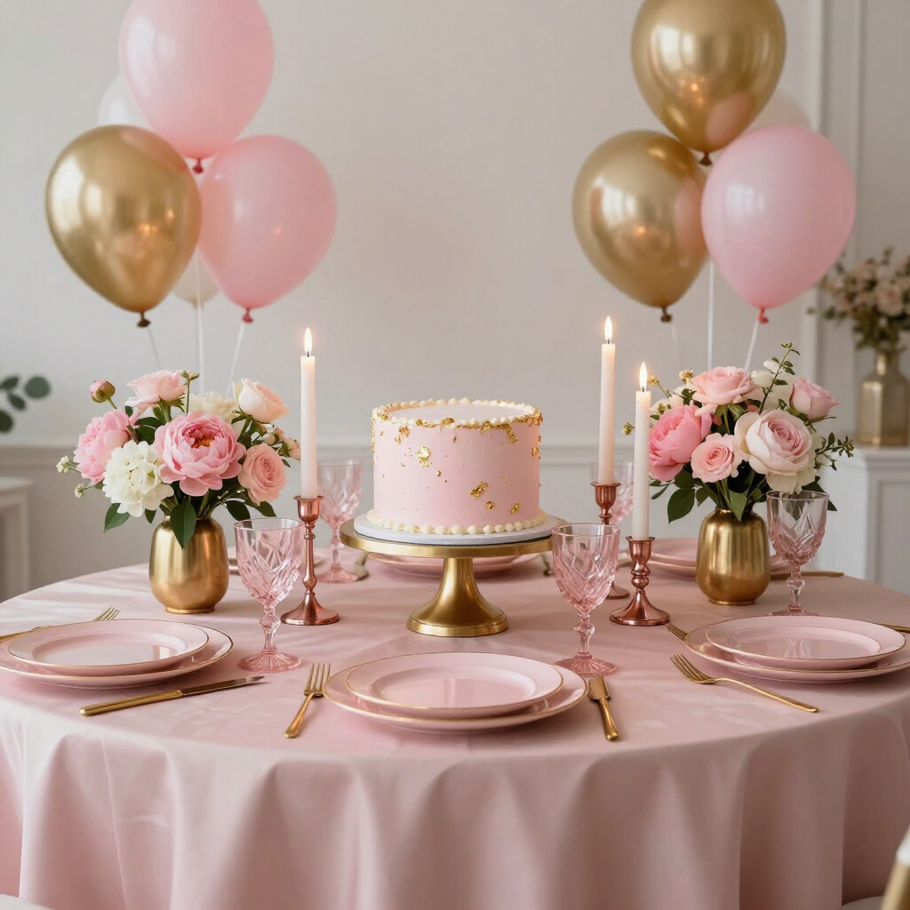 Pink and gold birthday table setting with balloons, flowers, candles, and a cake