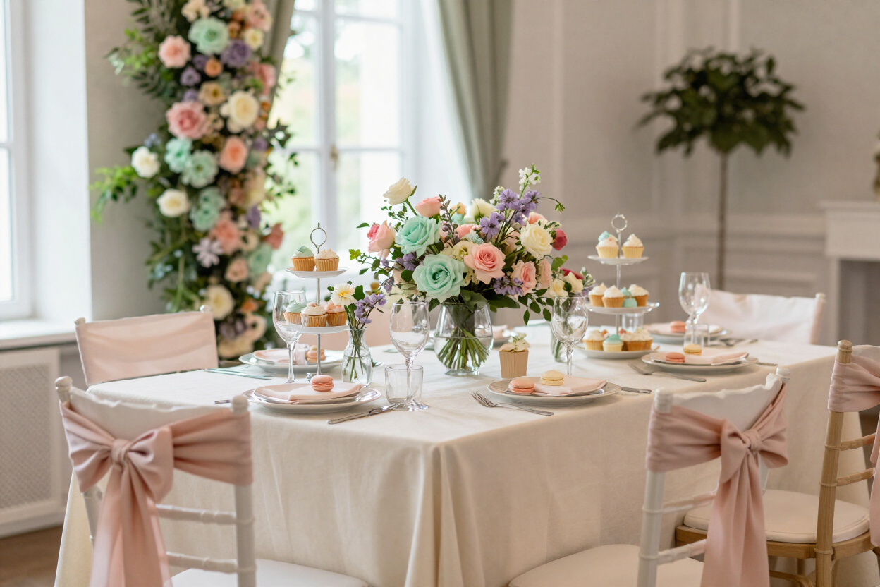 Elegant floral-decorated wedding reception table with pastel bouquets and blush chair sashes
