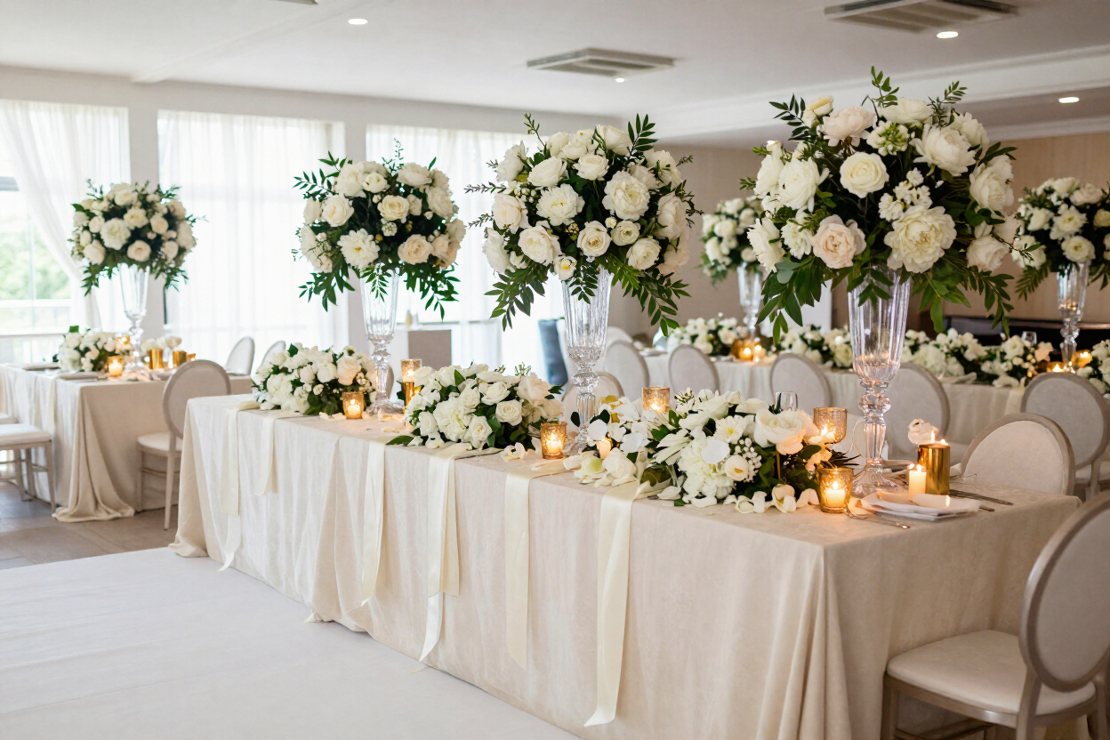 Elegant wedding reception table with white floral arrangements and candles in a bright banquet hall
