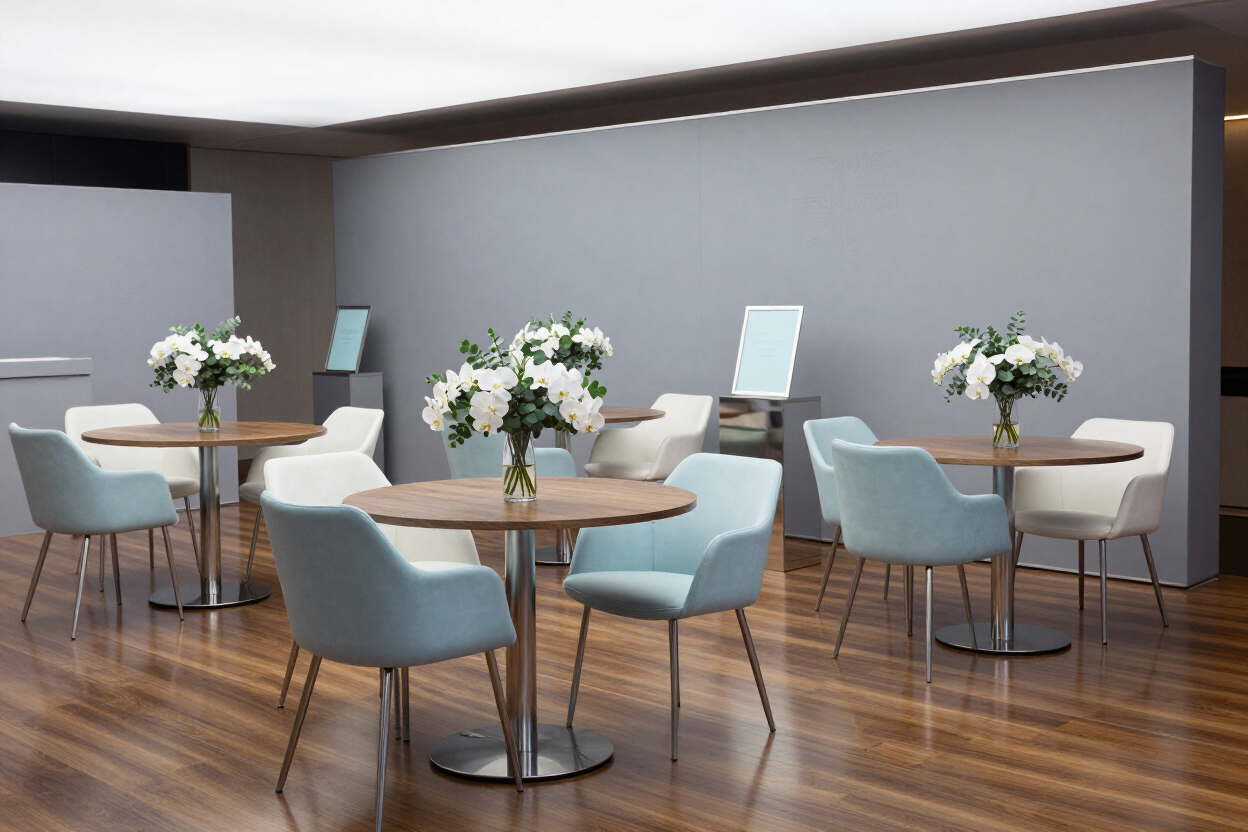 Modern lounge with round tables, light blue chairs, and white floral centerpieces on a wooden floor