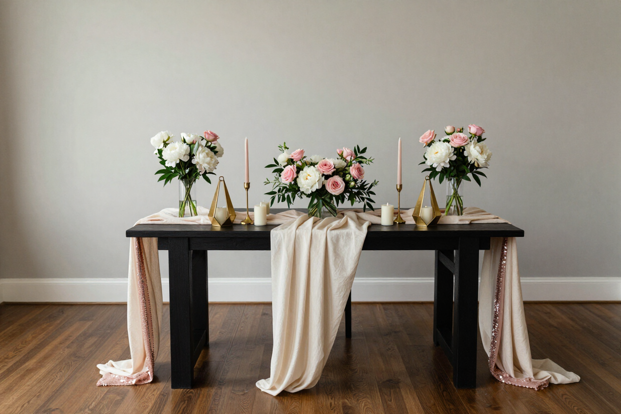 Decorated table with pink and white floral arrangements and draped fabric in a minimalist room