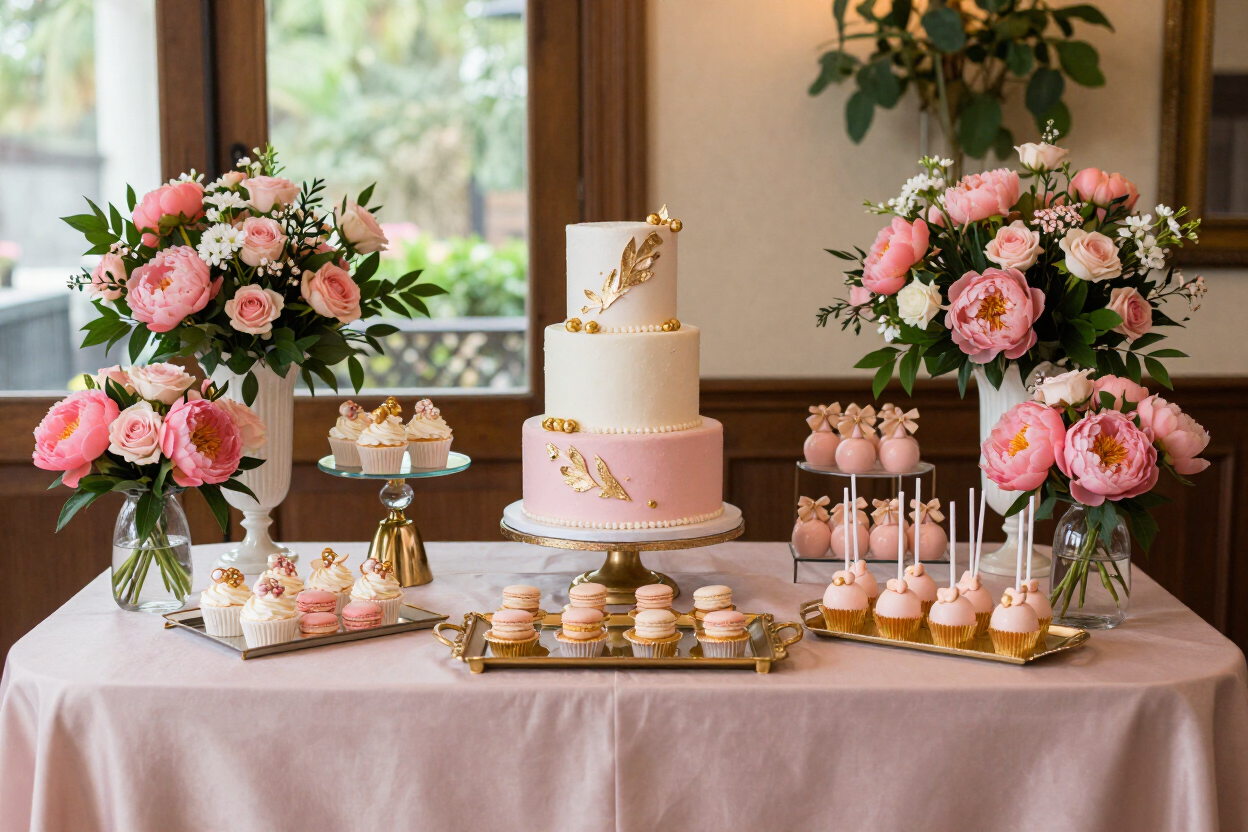 Elegant dessert table with pink floral arrangements, a tiered cake, and assorted pastries by a window