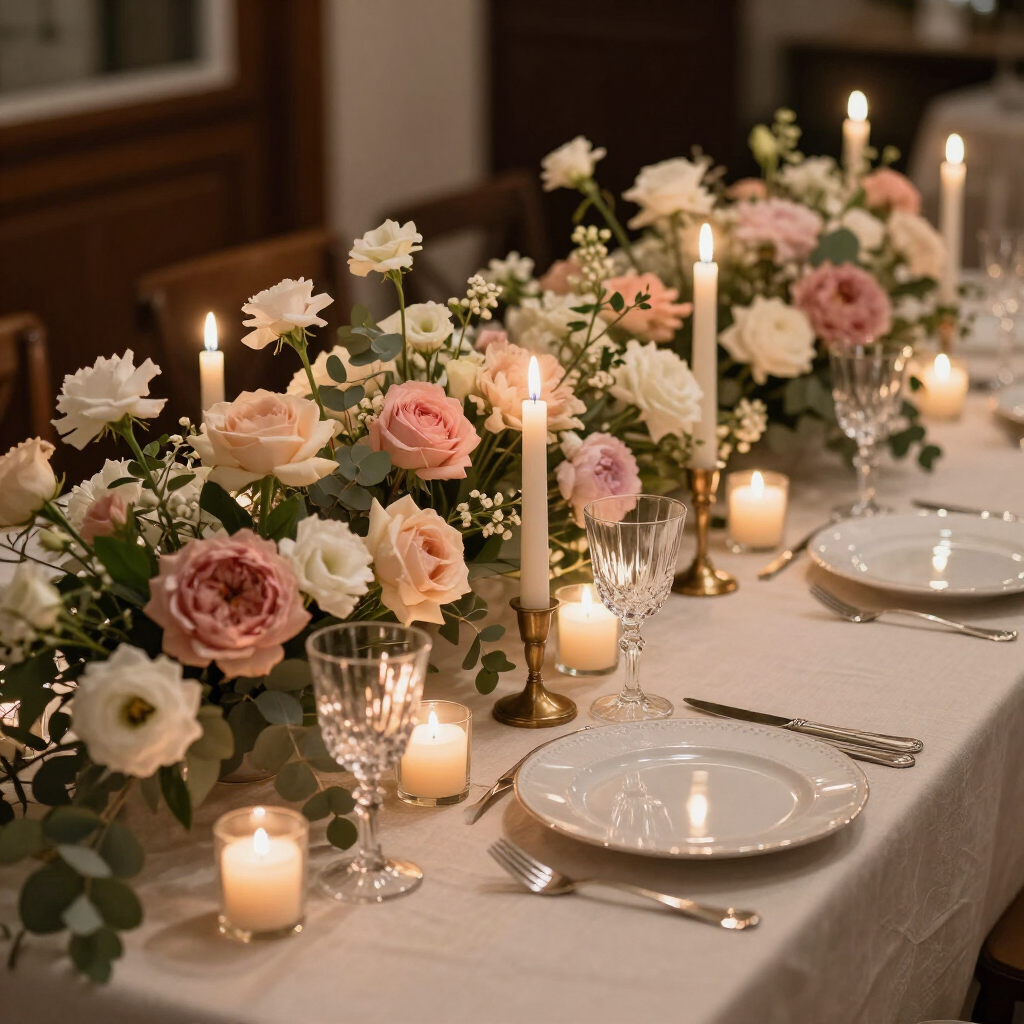 Elegant dining table set with pink and white flowers, candles, glassware, and plates in warm candlelight