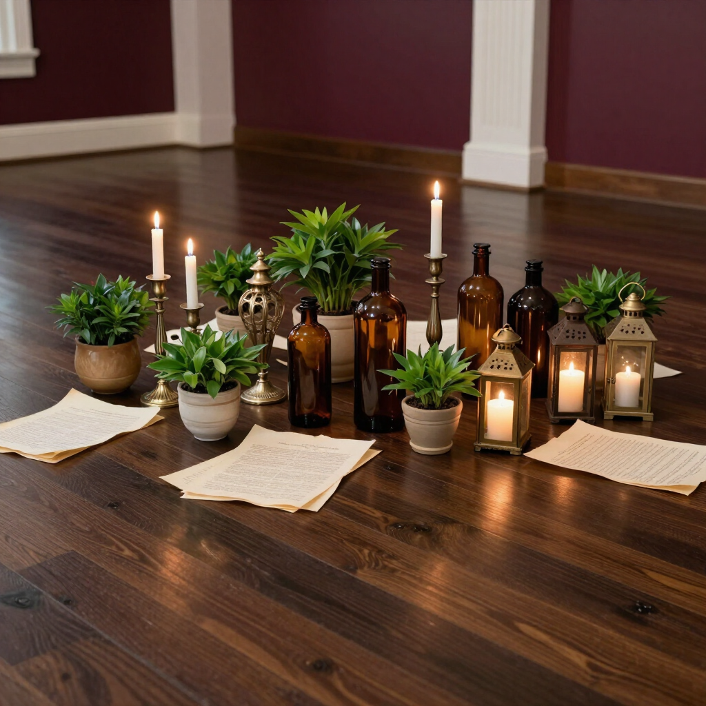 Candles, plants, and amber bottles arranged on a hardwood floor with paper notes and lanterns