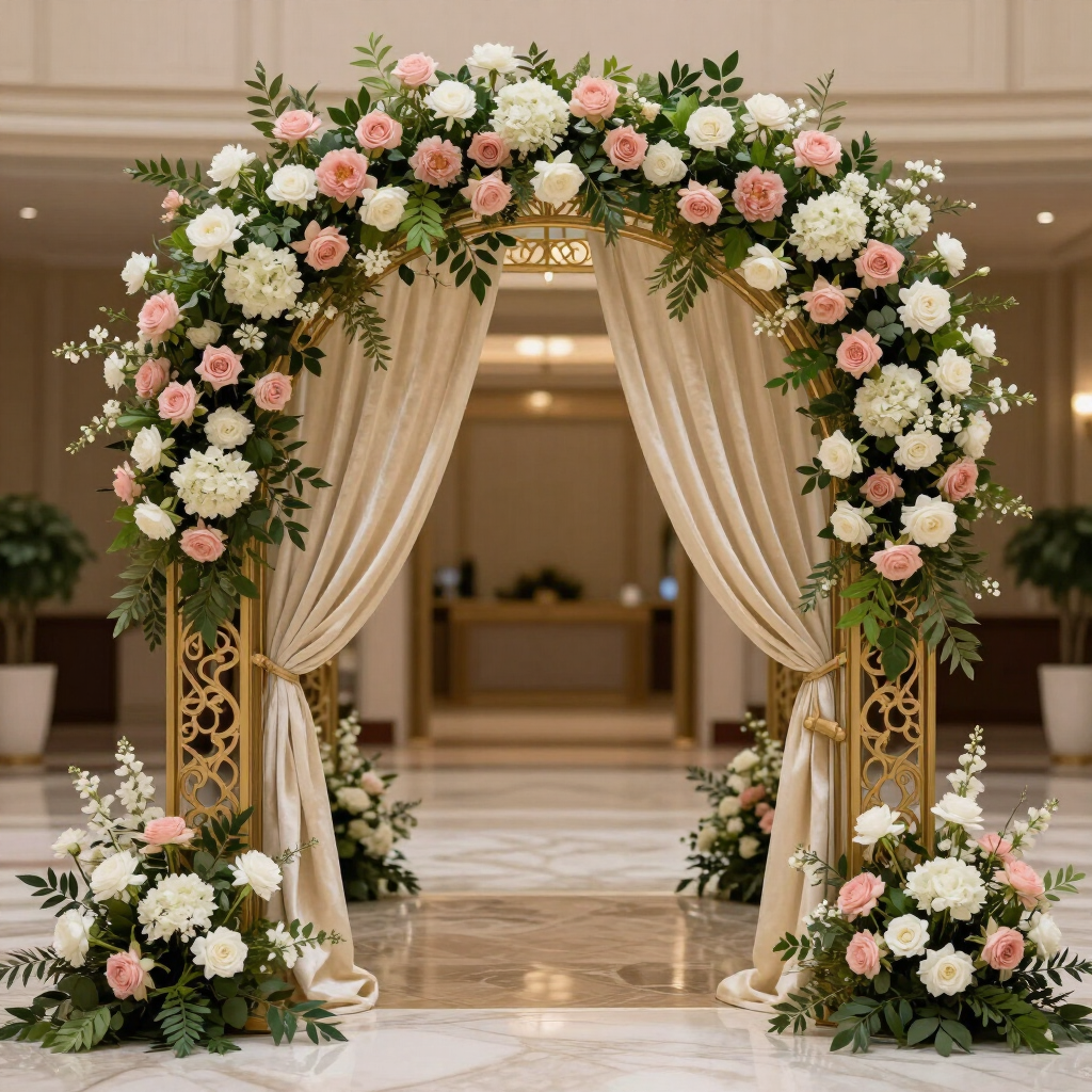 Floral wedding arch with cream drapes and pink-white flowers in an elegant indoor venue