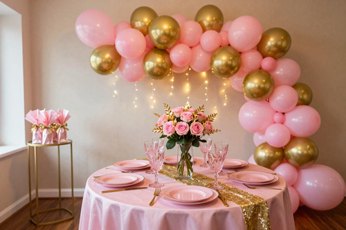 Pink and gold balloon arch over a pastel table set for a party with flowers and string lights