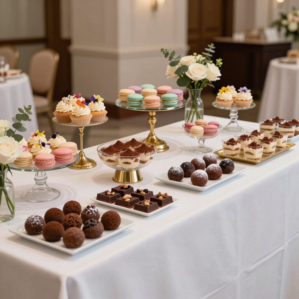 Elegant dessert buffet table with cupcakes, macarons, chocolates, and pastries in a banquet hall