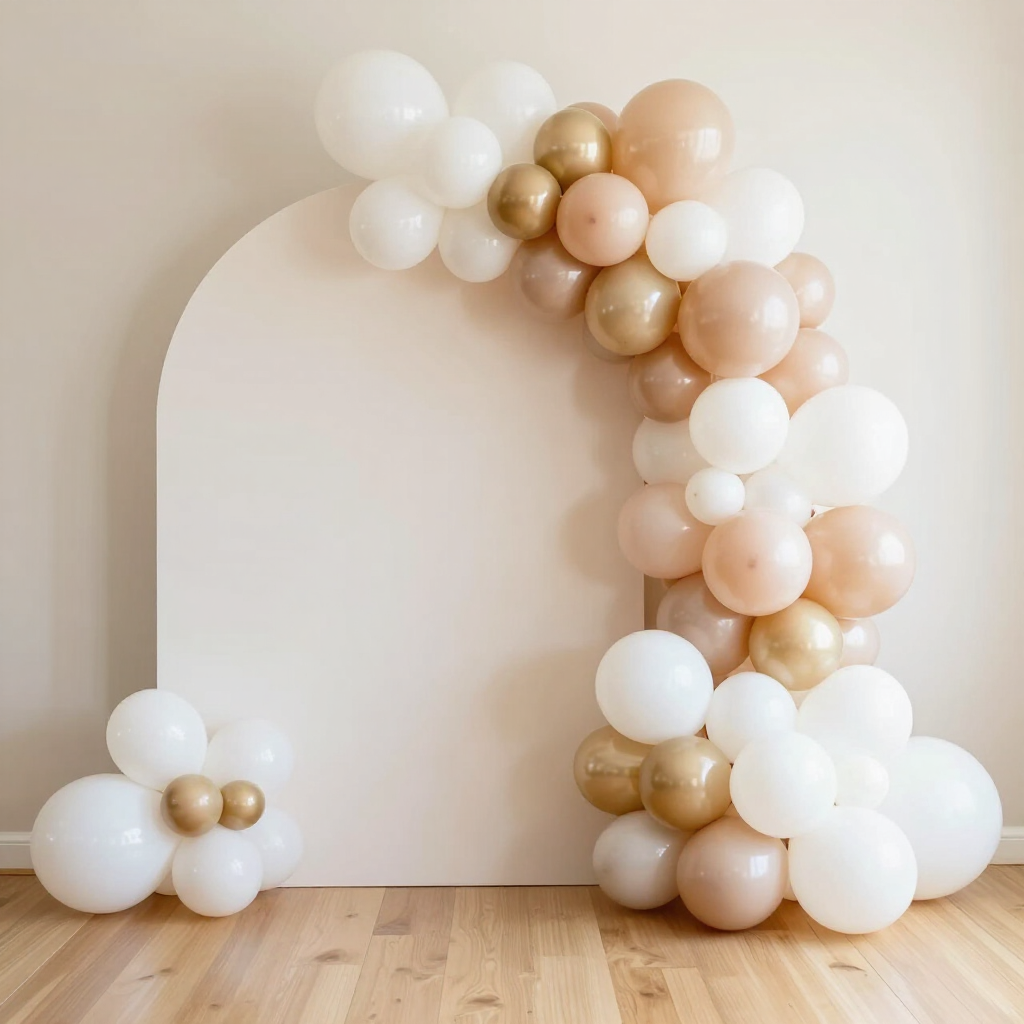 Pastel balloon arch around a blank archway with white, beige, and gold balloons on a wooden floor