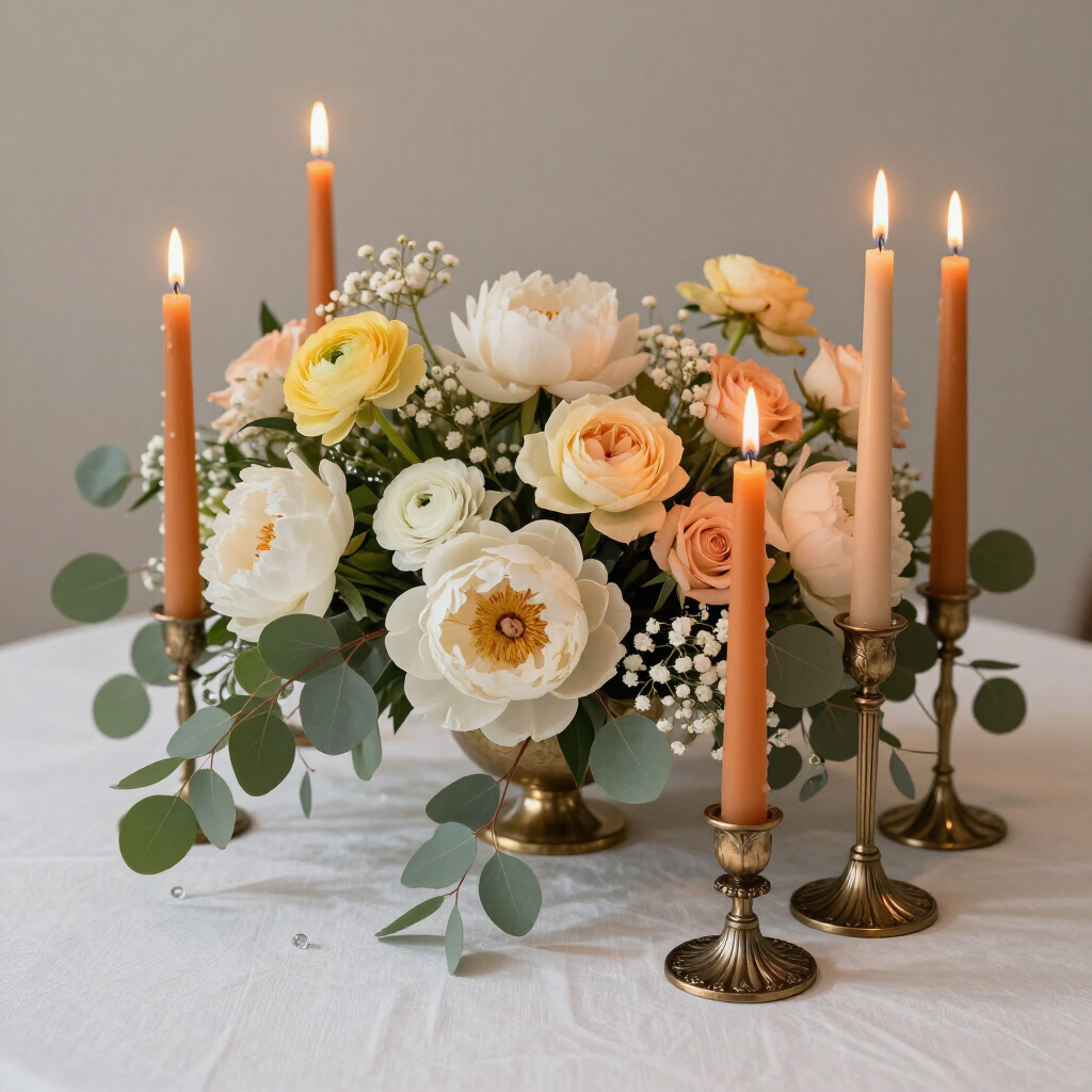 Elegant floral centerpiece with white and peach roses, greenery, and lit orange candles on a table