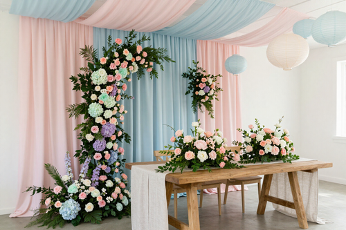 Floral wedding backdrop with pastel drapes, cascading flowers, and a decorated table