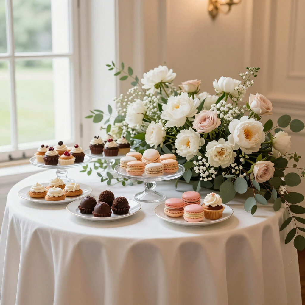 Elegant dessert table with pastries and a white floral centerpiece by a sunlit window