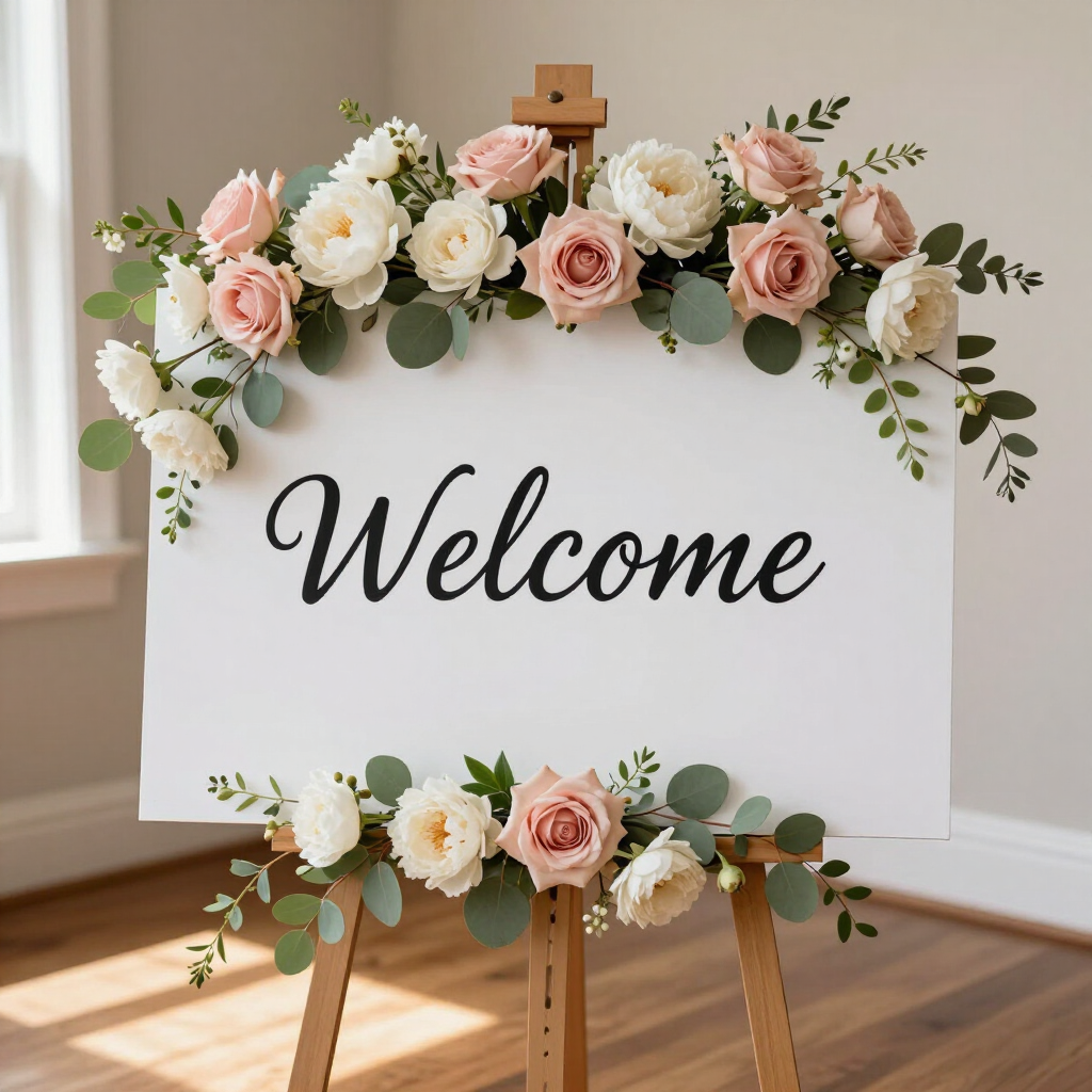 White welcome sign with pastel flower garland on easel in a bright room