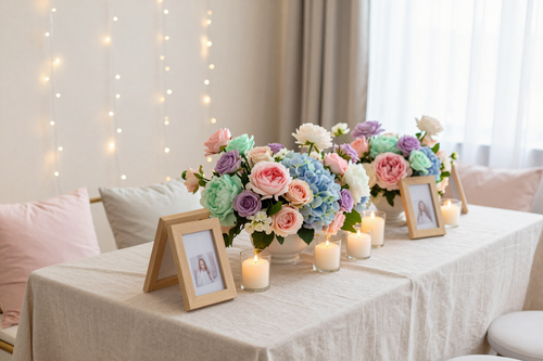Floral centerpiece with candles and framed photos on a draped table in a softly lit room