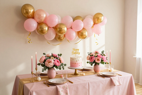 Pink and gold birthday dessert table with cake, floral arrangements, and balloon garland