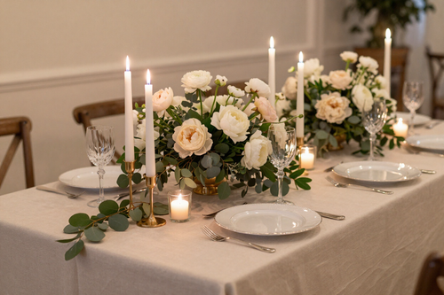 Elegant dining table with white floral centerpieces, candles, and place settings in a softly lit room
