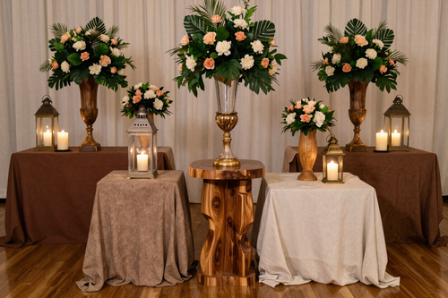 Elegant floral arrangement with candles on draped tables in a softly lit indoor ceremony display