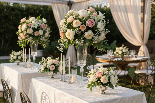 Elegant outdoor wedding table with white linens, tall floral centerpieces, and candle arrangements