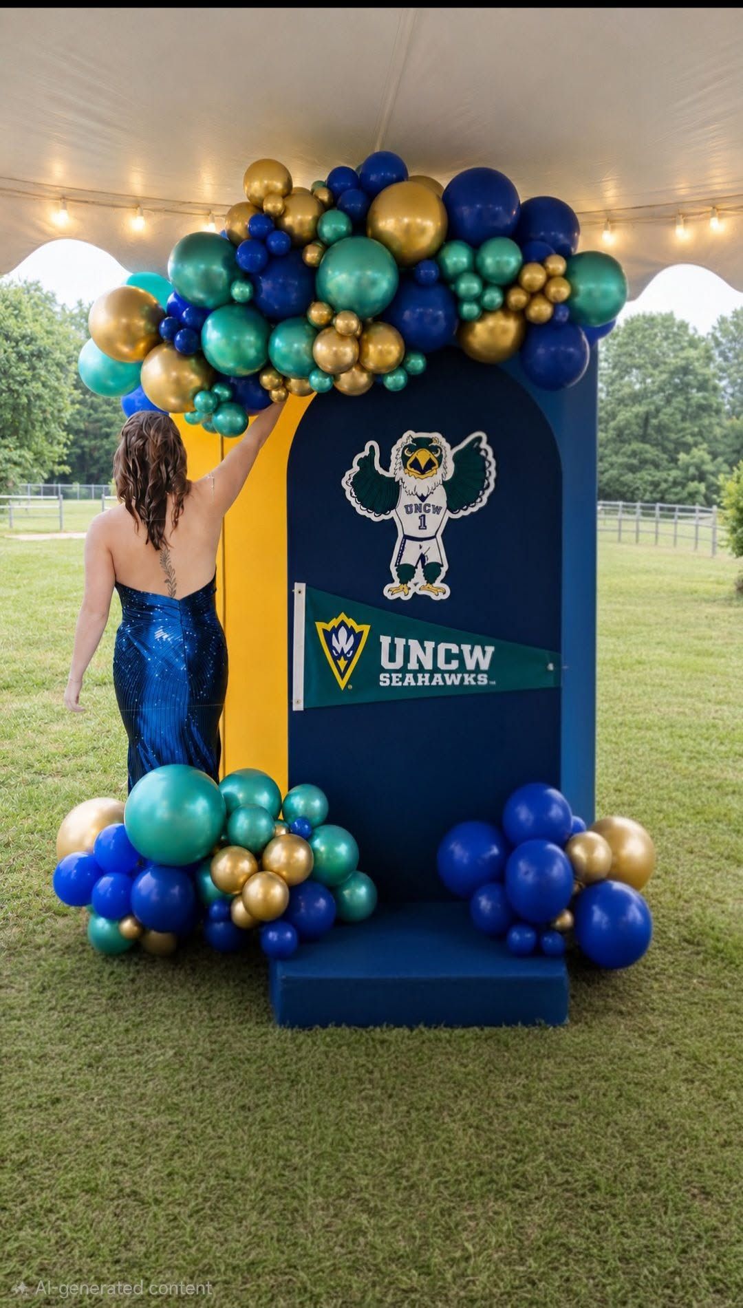 Woman in blue gown beside navy UNCW display with teal, gold, and blue balloons under a tent