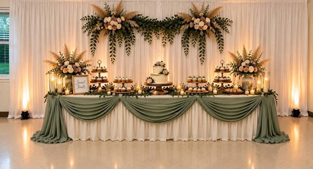 Elegant wedding reception backdrop with cream drapes, green table swag, and white floral arrangements